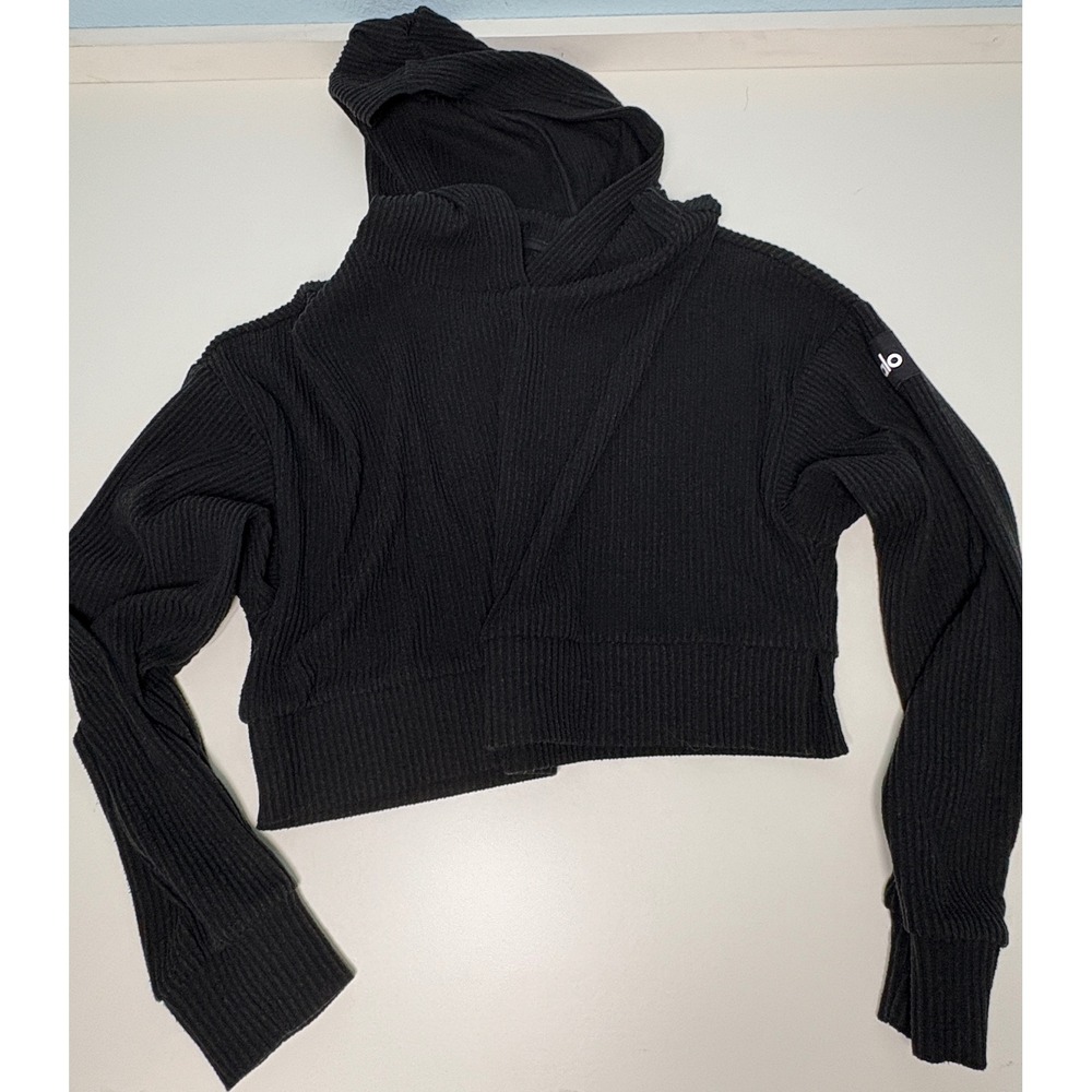 Alo small Yoga Muse Ribbed Cropped Hoodie Women Black Athleisure - Picture 4 of 7